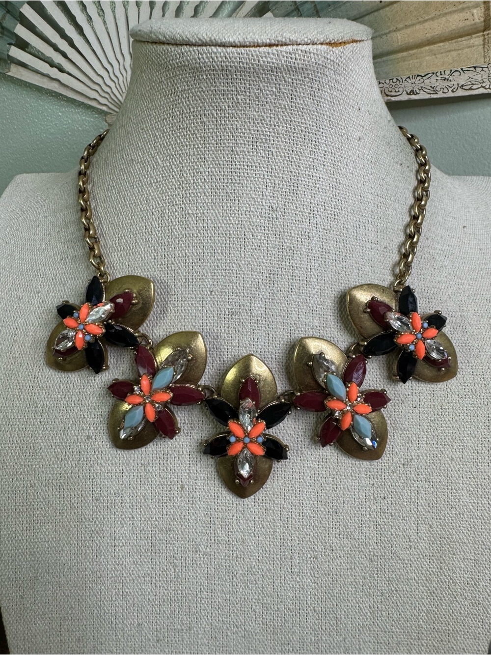 J. Crew Multicolor Geo Floral Deco Statement Bib Necklace in Antiqued Brass - Picture 7 of 7